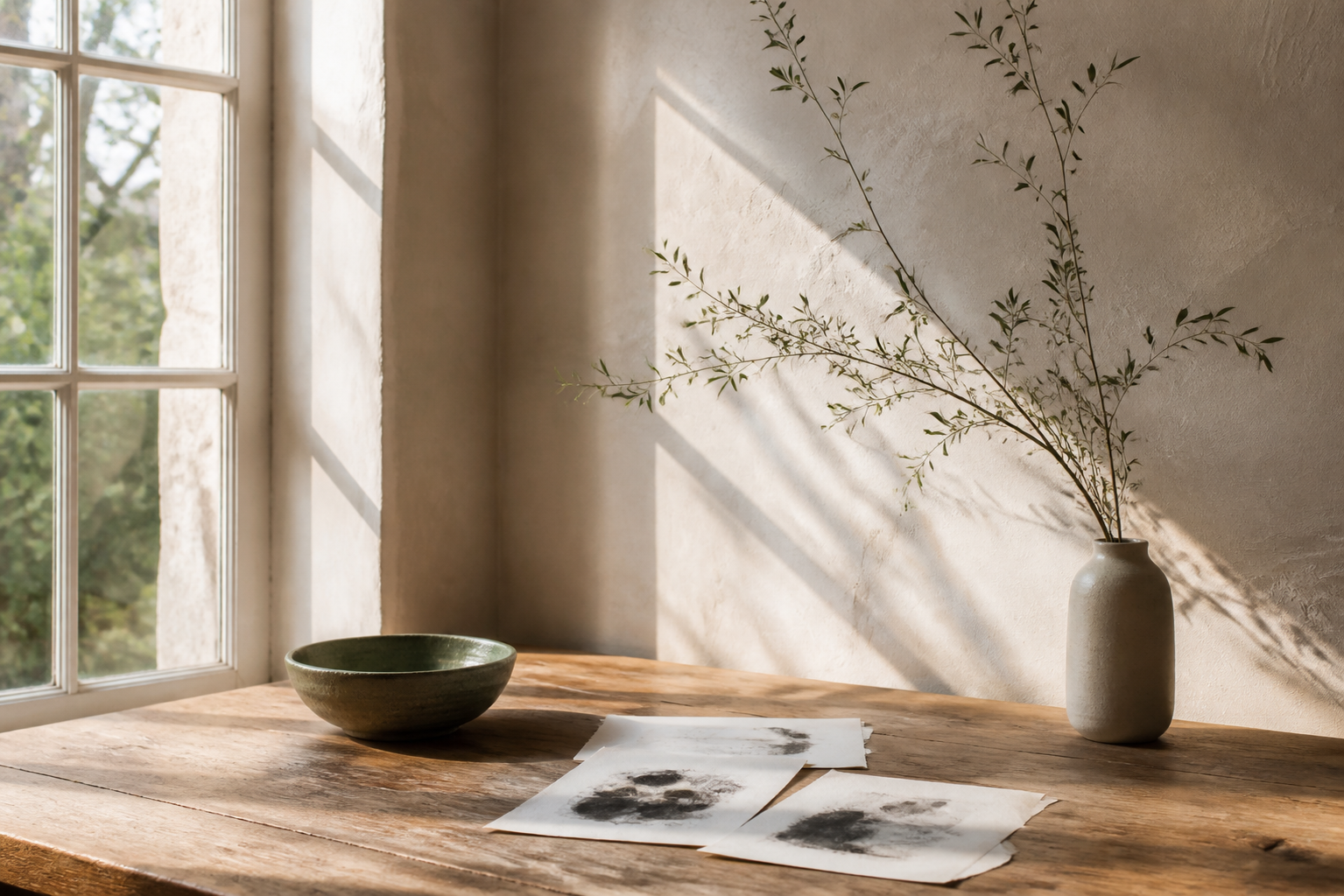 Sunlight falling across a wooden studio table with paper studies, a ceramic bowl, and a single branch