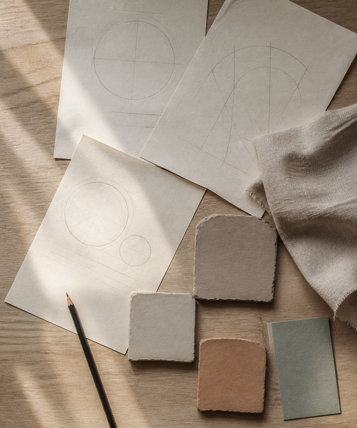 Paper, linen, clay samples, and pencil sketches arranged on a pale wooden worktable